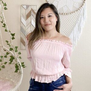 Pink Ruffle Off the Shoulder Crop Top